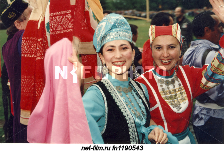 Participants of the Tatar national holiday Sabantuy in national costumes in the Republic of