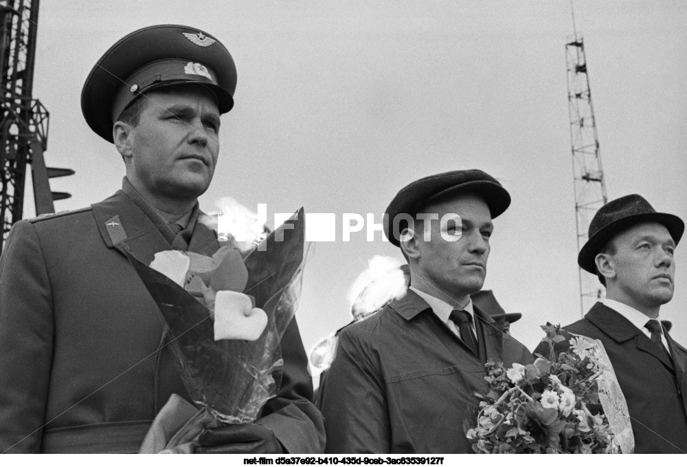 The crew of the Soyuz-10 spacecraft at Baikonur
