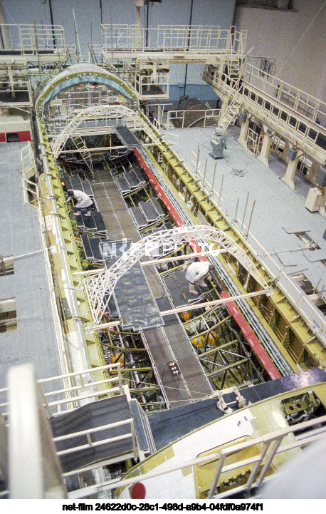 Assembly of the model of the orbital ship "Buran" at Baikonur