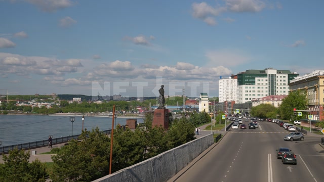 Иркутск, лето, день, ясное небо, панорама на набережную реки Ангары, вид на другой берег реки, в