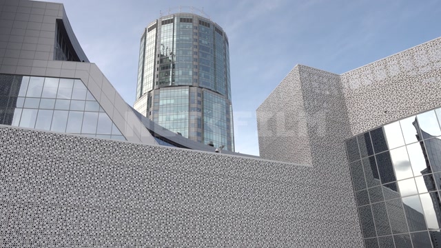The Yeltsin Center building in Yekaterinburg, a panorama of the central entrance