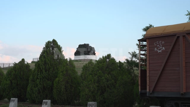 Kalmykia, summer, day, memorial complex, museum, in the frame is an old wooden freight car