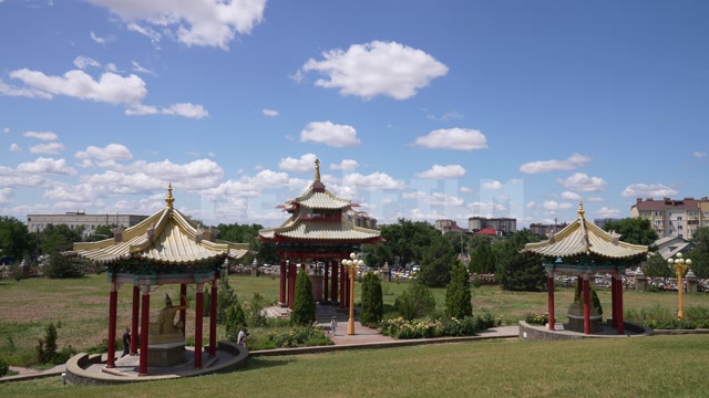 Kalmykia, Elista, city center, Buddhist temple Golden Abode of Buddha Shakyamuni, park, pagodas