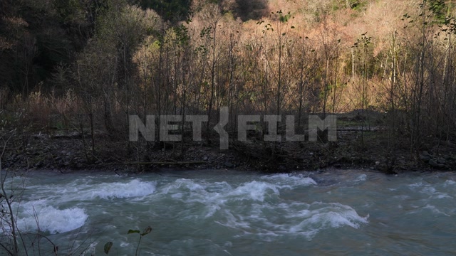 Абхазия, осень, день. Горная река, панорама на горы