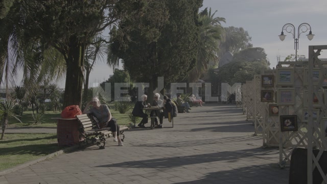 Abkhazia, Sukhum, park, alley. People sitting on benches, playing chess. Outdoor vernissage,