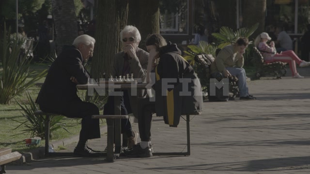 Abkhazia, Sukhum, park, alley. People playing chess, sitting on benches
