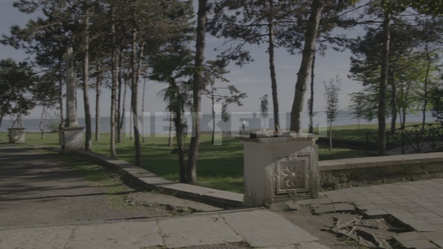 Абхазия, Сухум, лето, день. Панорама на сквер, парк, набережную. В кадре художник с мольбертом на