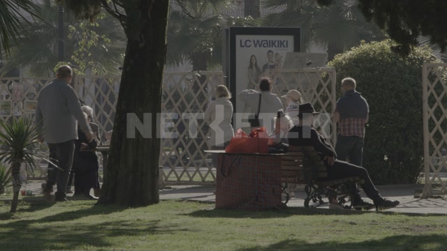 Абхазия, Сухум, лето, день. Парк, сквер, люди гуляют, сидят на скамейках